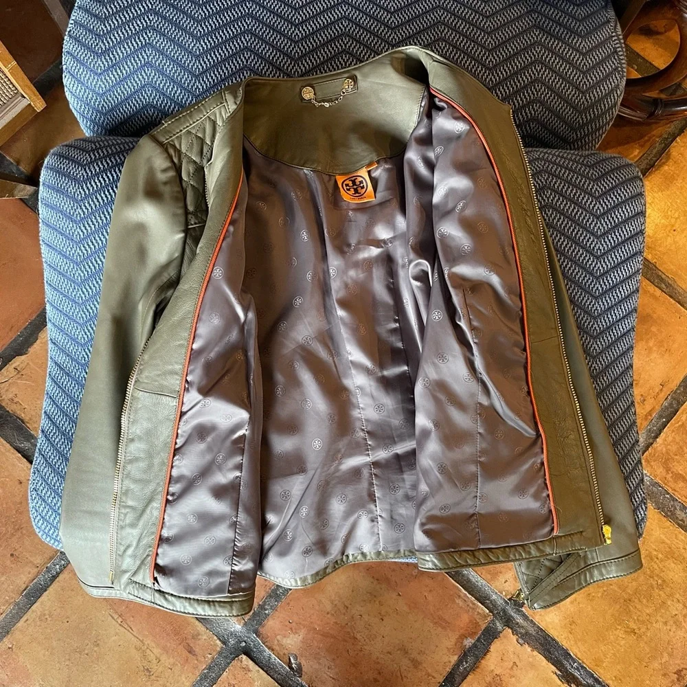 Tory Burch XL Leather Jacket Quilted Taupe/Gray Moto Style EUC - Picture 7 of 12